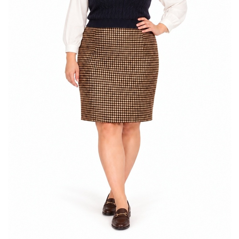 Vintage 90s Houndstooth Pencil Skirt Wool Blend 14P Brown Tan Preppy Academia